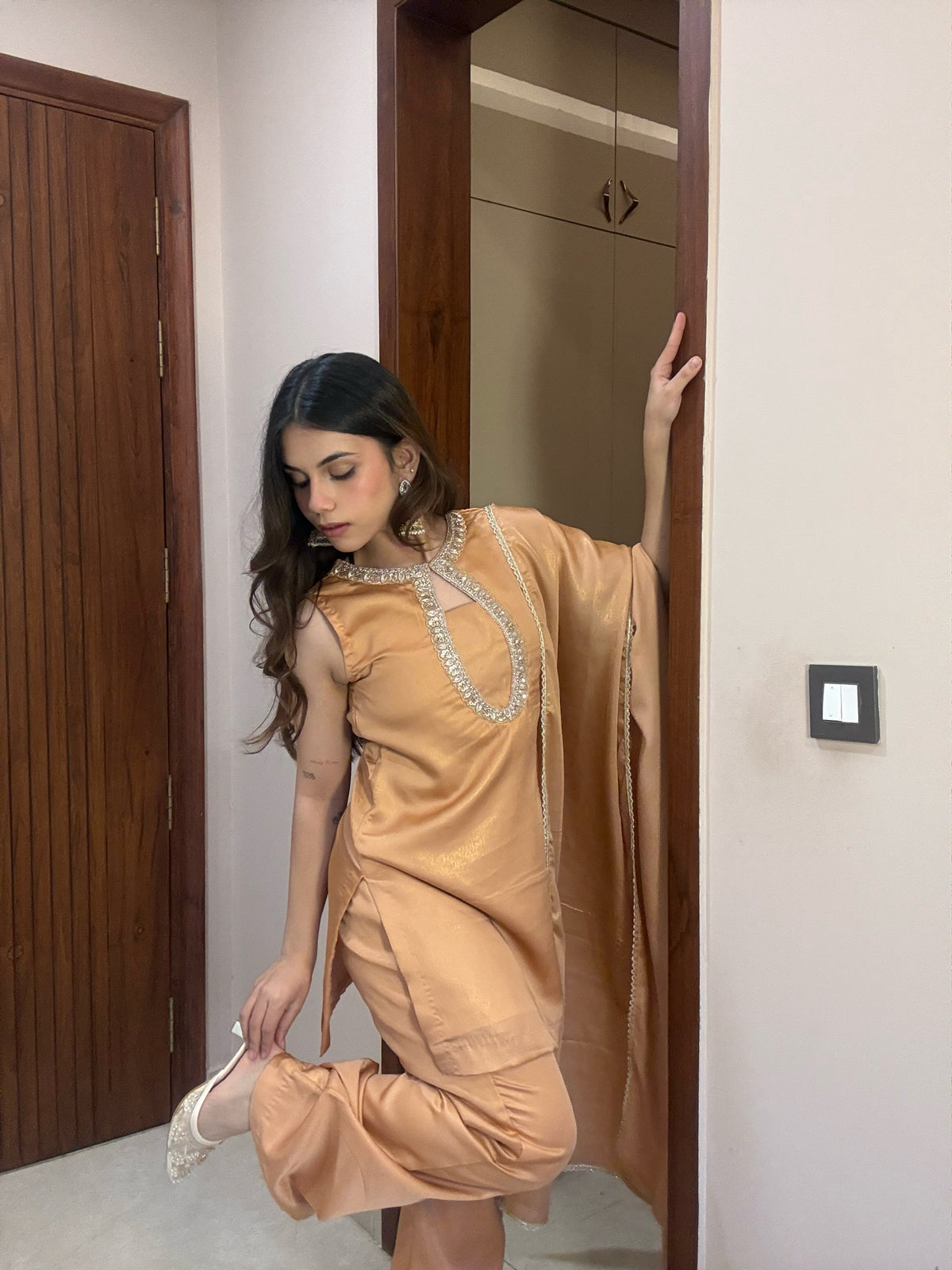The Afreen Peach-Gold Silk Co-ord Set.