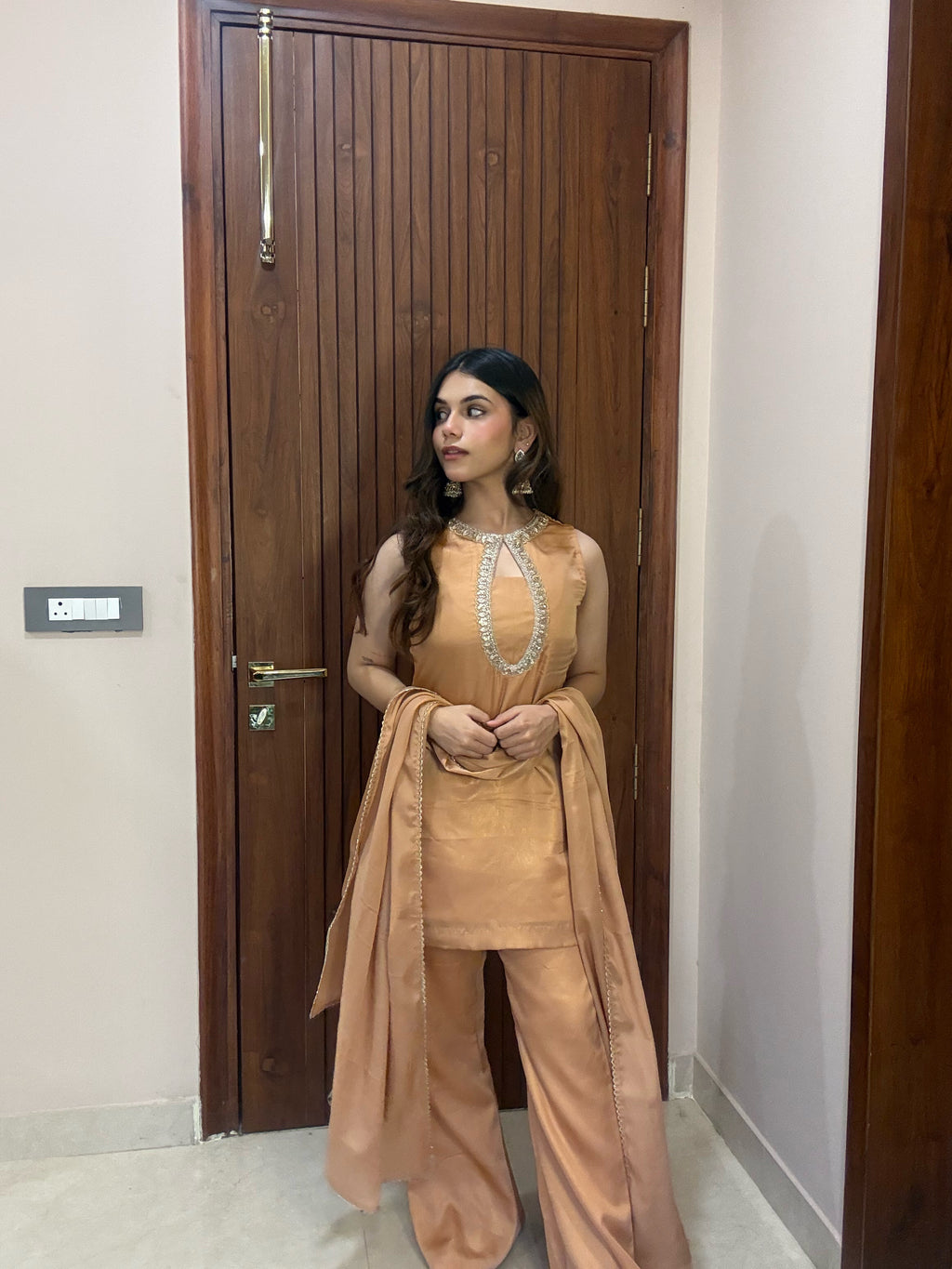 The Afreen Peach-Gold Silk Co-ord Set.