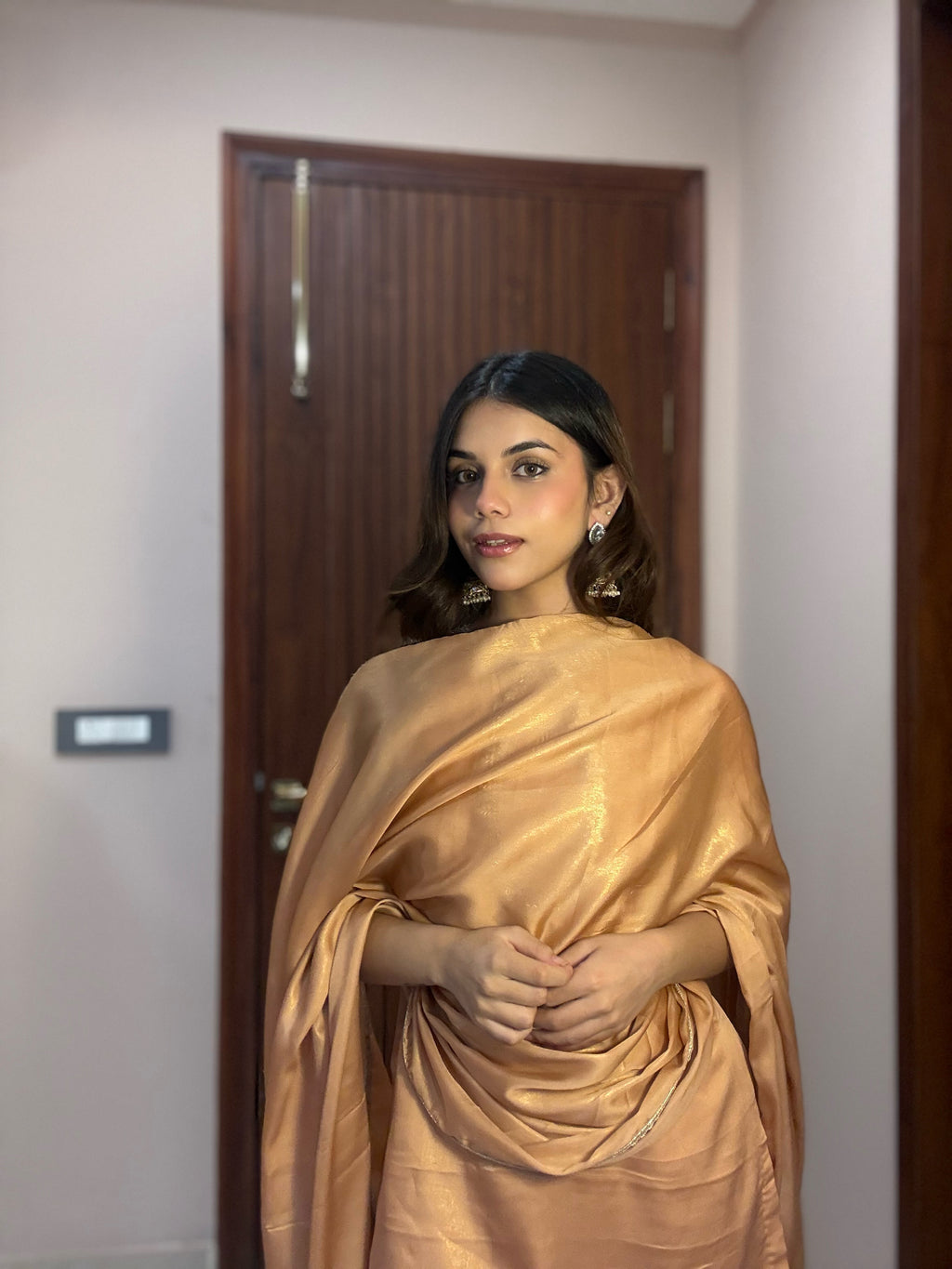 The Afreen Peach-Gold Silk Co-ord Set.